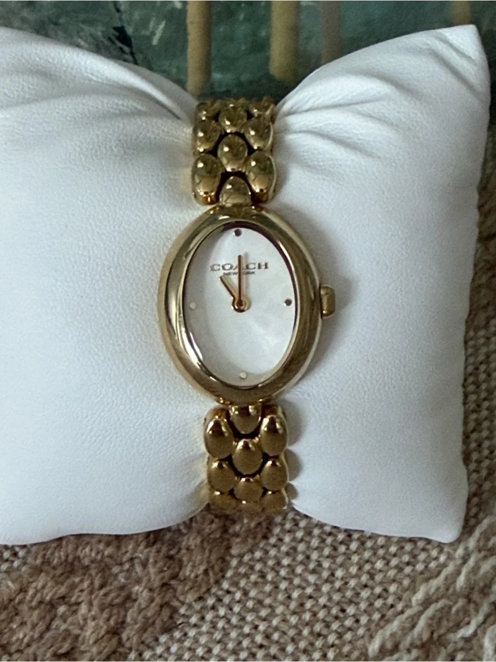 Coach Gold-Tone Oval Bracelet Watch with Mother-of-Pearl Dial